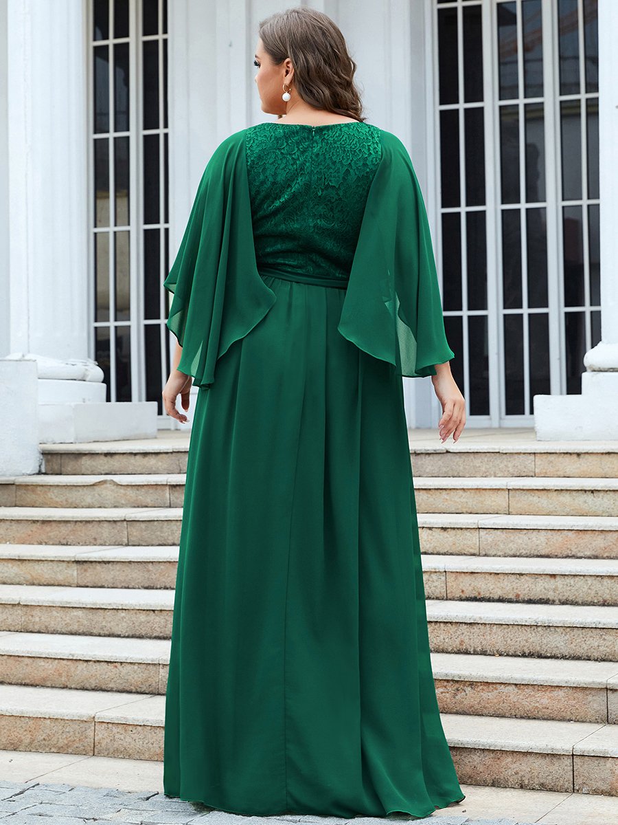 Color=Dark Green | Women'S Wholesale Deep V Neck Plus Size Evening Dress With Lace-Dark Green 2