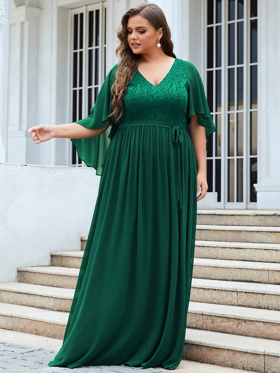Color=Dark Green | Women'S Wholesale Deep V Neck Plus Size Evening Dress With Lace-Dark Green 3
