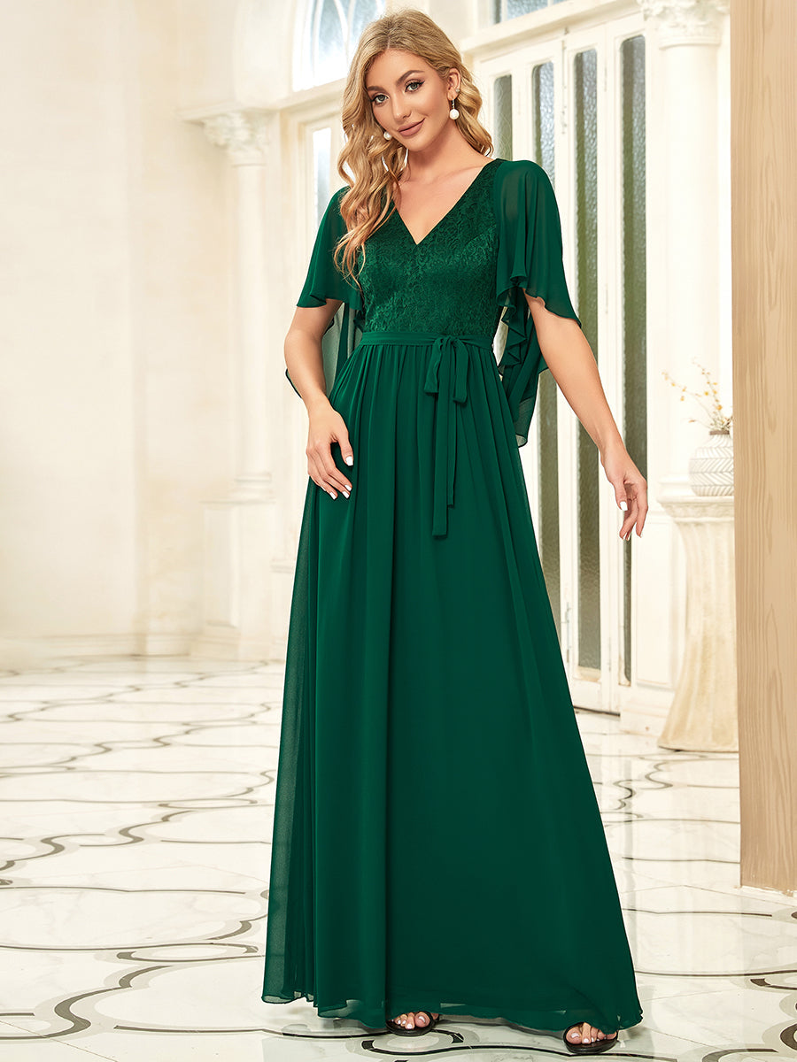 Color=Dark Green | Women'S Wholesale Deep V Neck Plus Size Evening Dress With Lace-Dark Green 3