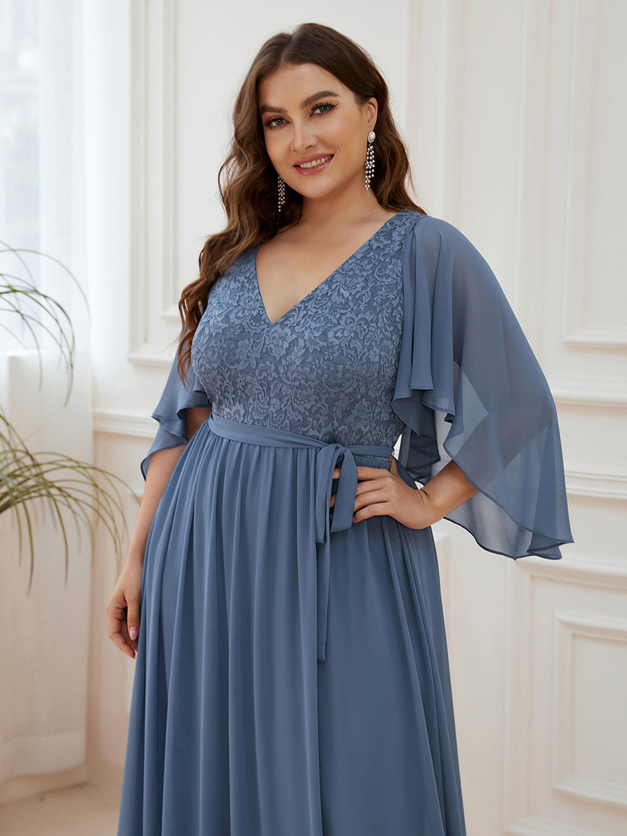 Color=Dusty Blue | Women'S Wholesale Deep V Neck Plus Size Evening Dress With Lace-Dusty Blue 5
