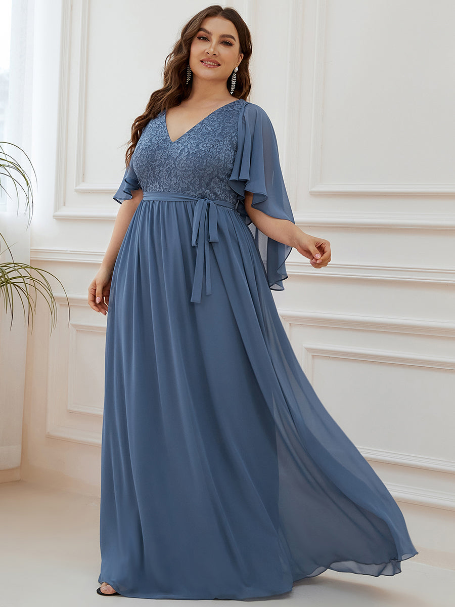 Color=Dusty Blue | Women'S Wholesale Deep V Neck Plus Size Evening Dress With Lace-Dusty Blue 1