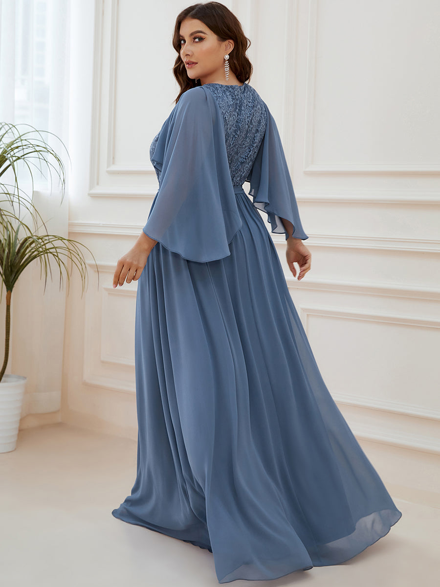 Color=Dusty Blue | Women'S Wholesale Deep V Neck Plus Size Evening Dress With Lace-Dusty Blue 2