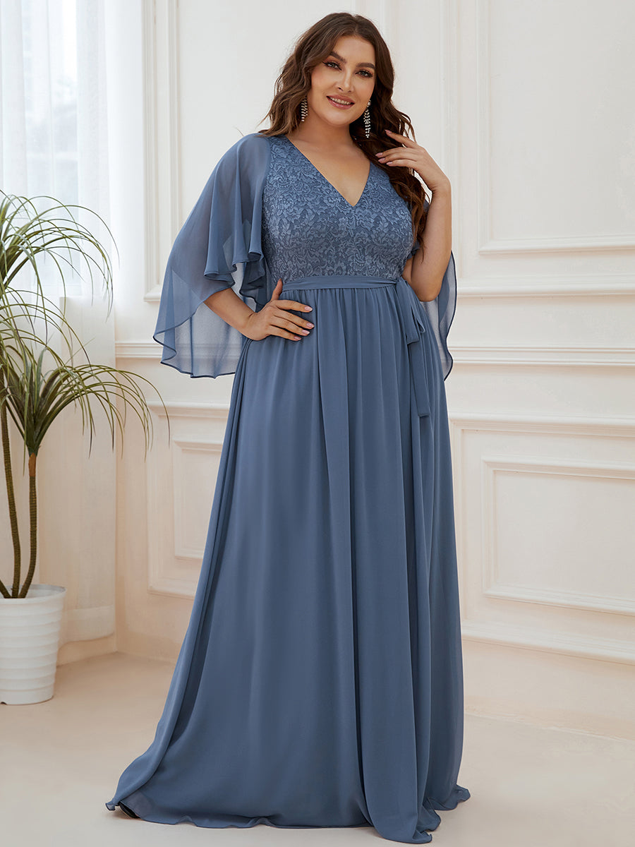 Color=Dusty Blue | Women'S Wholesale Deep V Neck Plus Size Evening Dress With Lace-Dusty Blue 3