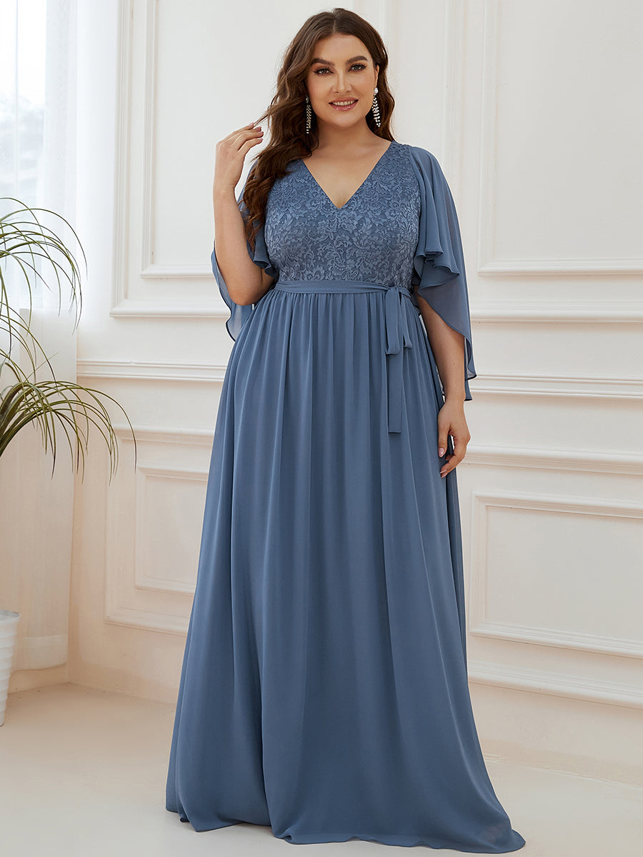 Color=Dusty Blue | Women'S Wholesale Deep V Neck Plus Size Evening Dress With Lace-Dusty Blue 4