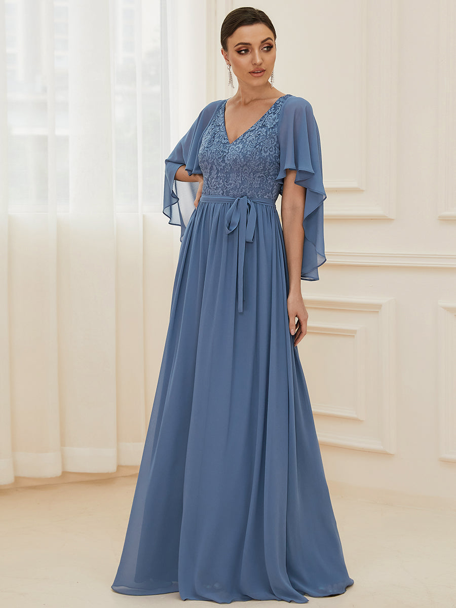 Color=Dusty Blue | Women'S Wholesale Deep V Neck Plus Size Evening Dress With Lace-Dusty Blue 1
