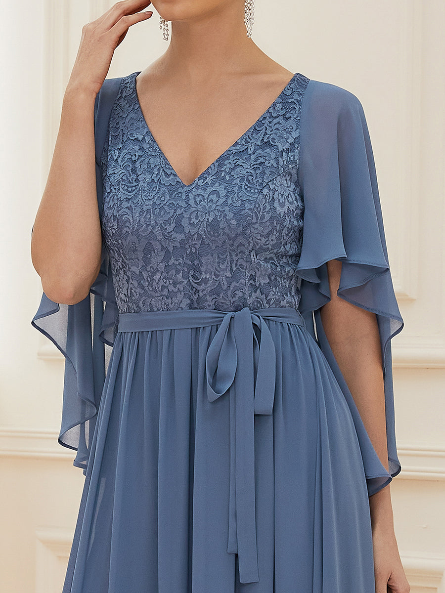 Color=Dusty Navy | Women'S Wholesale Deep V Neck Plus Size Evening Dress With Lace-Dusty Navy 5
