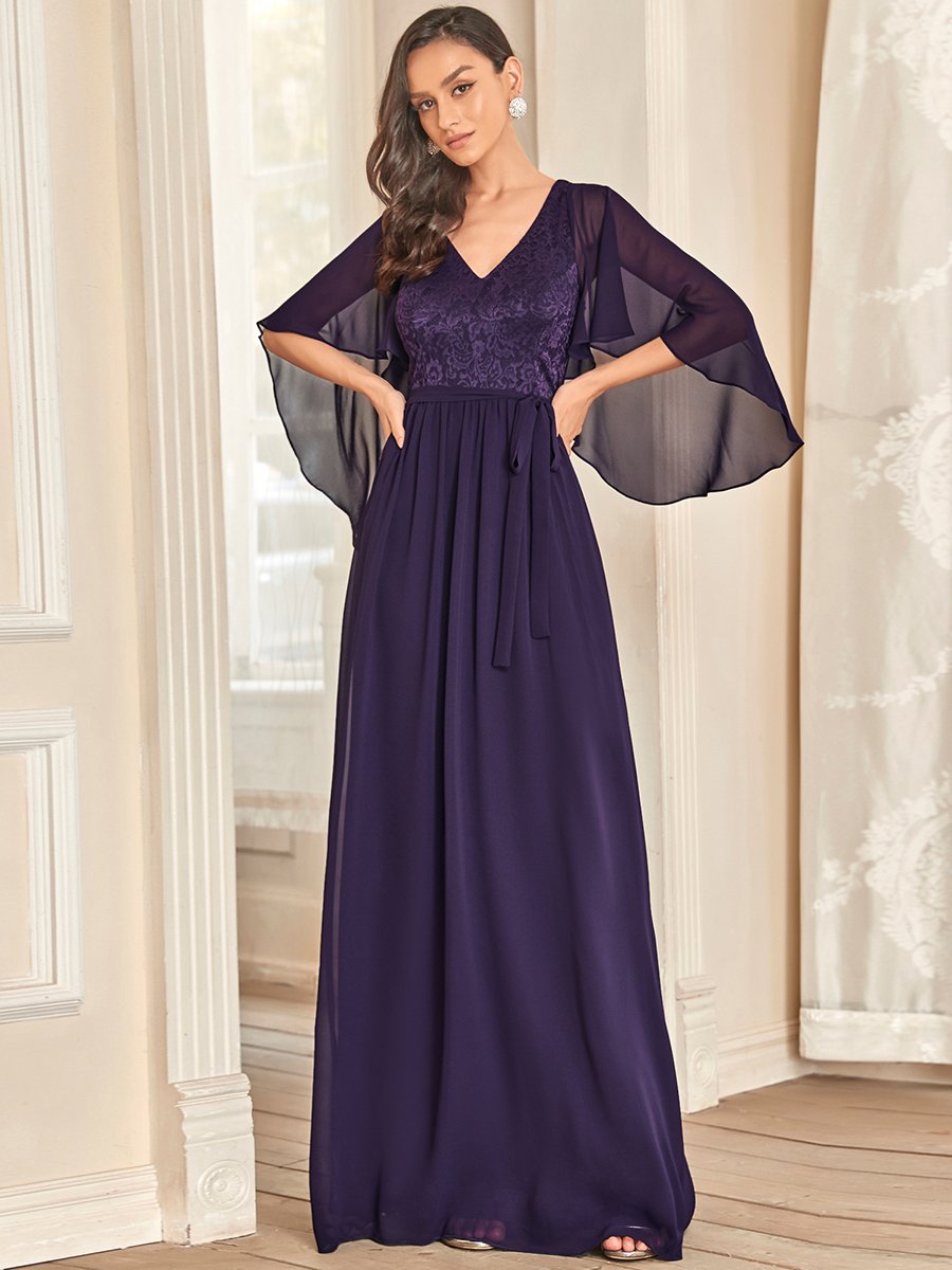 Color=Dark Purple | Women'S Wholesale Deep V Neck Plus Size Evening Dress With Lace-Dark Purple 3