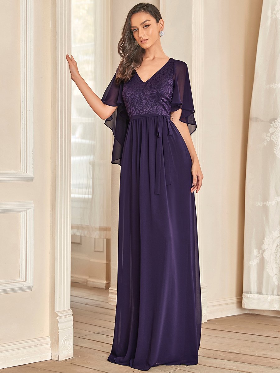 Color=Dark Purple | Women'S Wholesale Deep V Neck Plus Size Evening Dress With Lace-Dark Purple 4