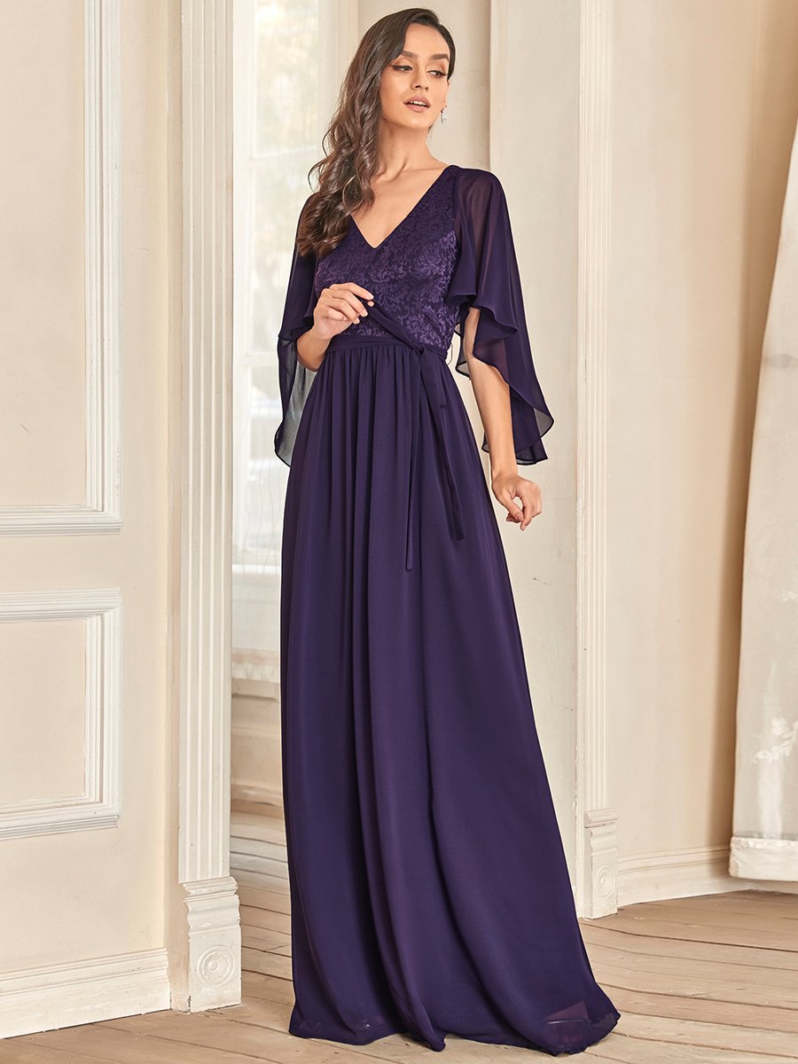 Color=Dark Purple | Women'S Wholesale Deep V Neck Plus Size Evening Dress With Lace-Dark Purple 1