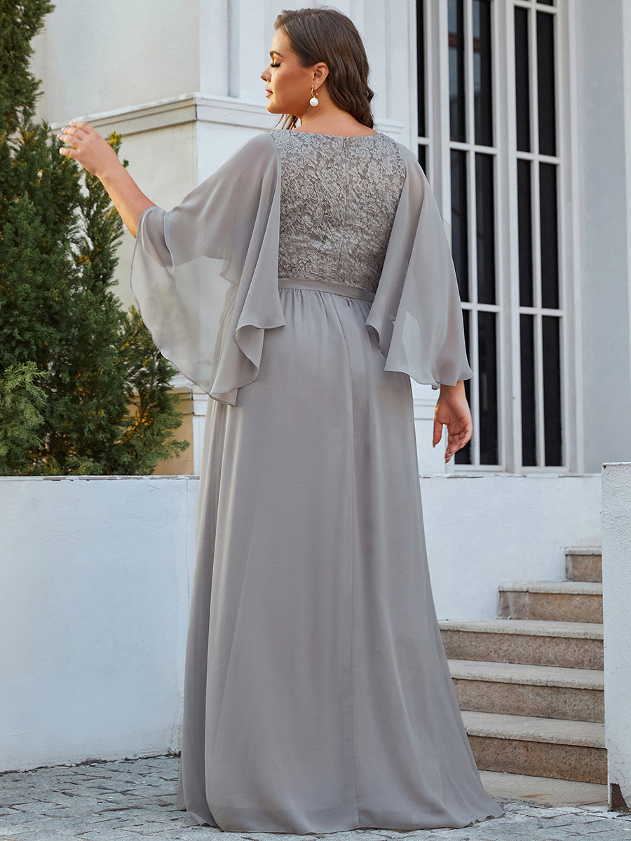Color=Grey | Women'S Wholesale Deep V Neck Plus Size Evening Dress With Lace-Grey 2