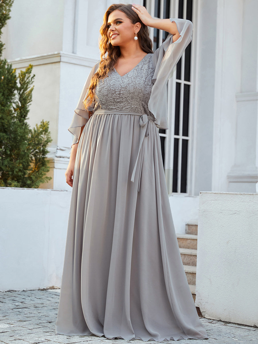 Color=Grey | Women'S Wholesale Deep V Neck Plus Size Evening Dress With Lace-Grey 3