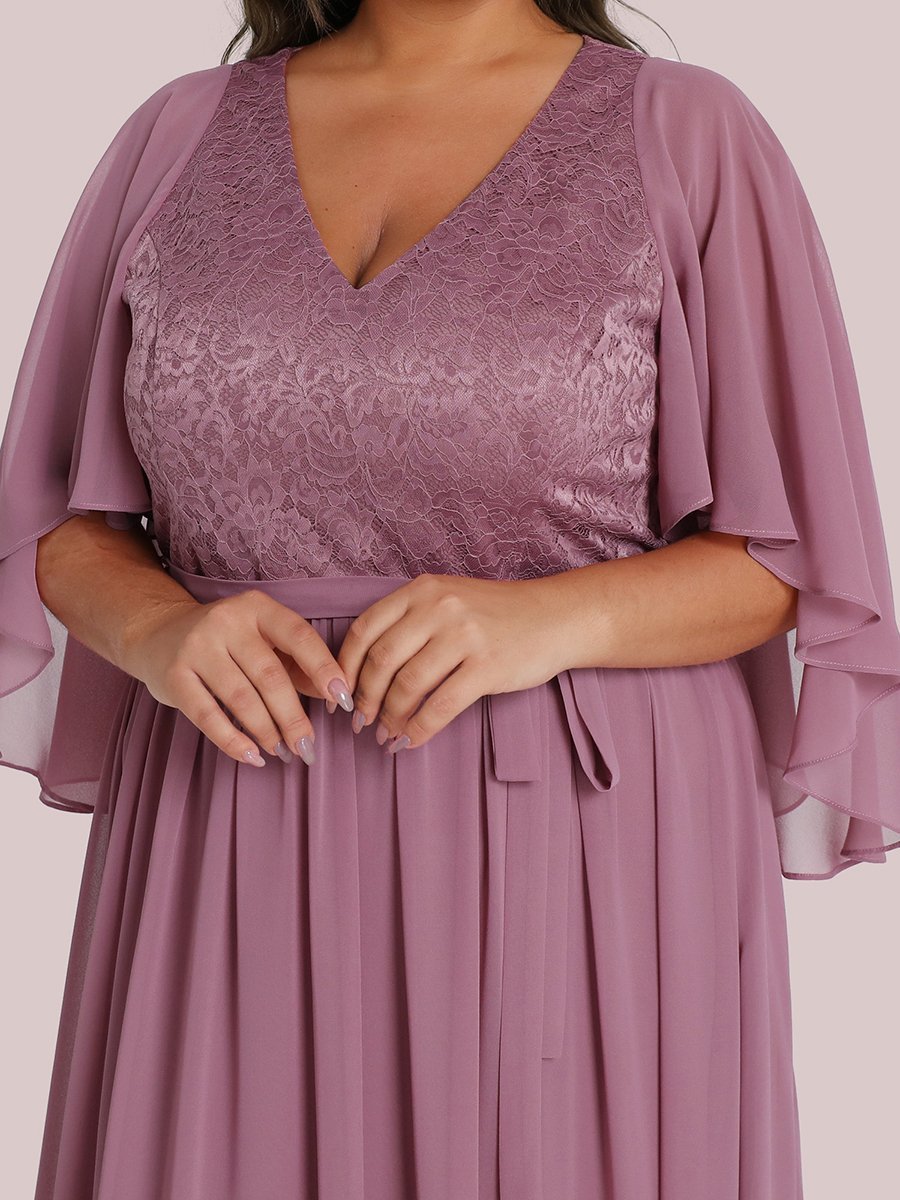 Color=Orchid | Women'S Wholesale Deep V Neck Plus Size Evening Dress With Lace-Orchid 5