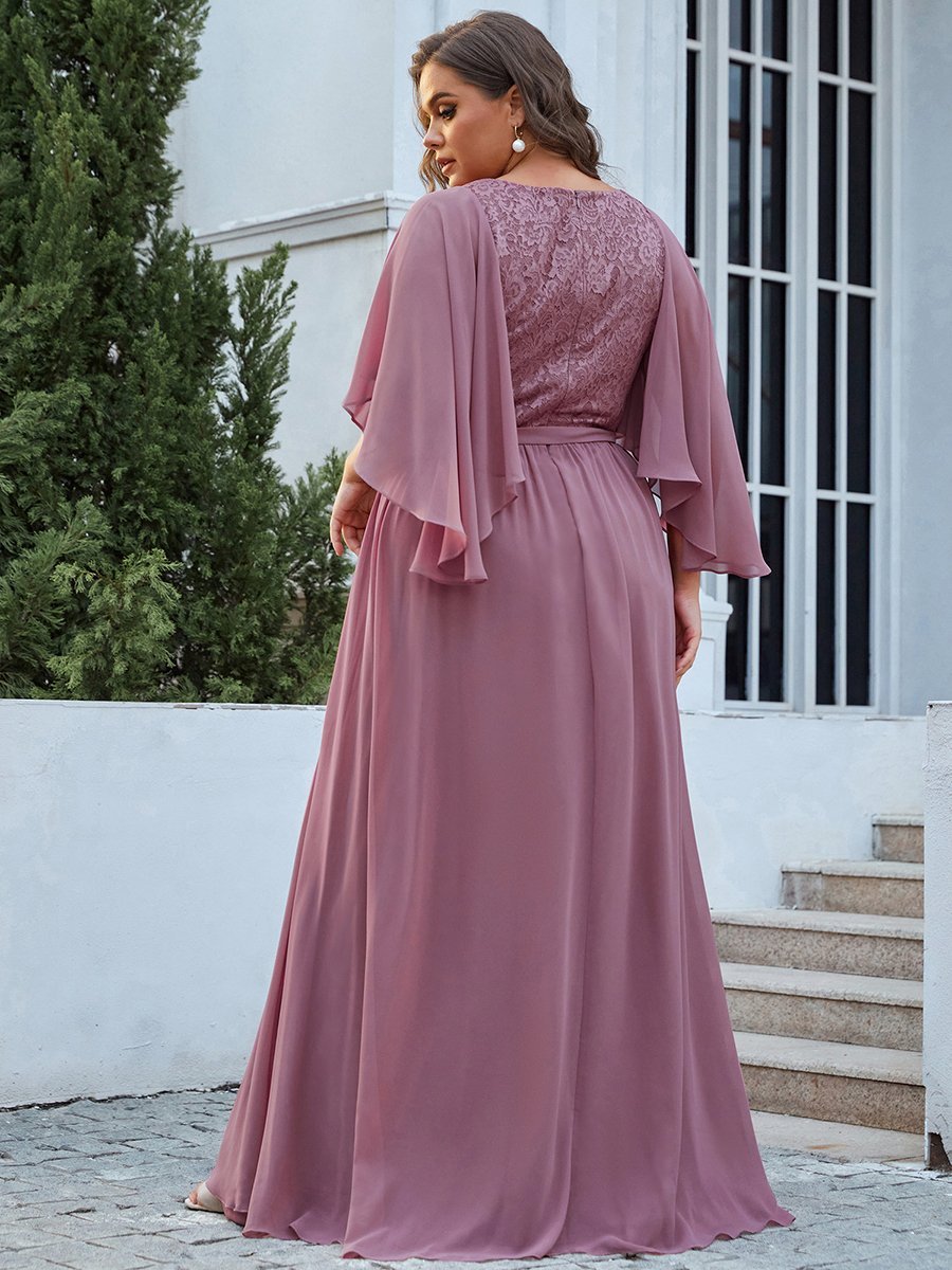Color=Orchid | Women'S Wholesale Deep V Neck Plus Size Evening Dress With Lace-Orchid 2