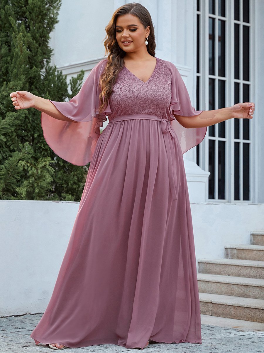 Color=Orchid | Women'S Wholesale Deep V Neck Plus Size Evening Dress With Lace-Orchid 3