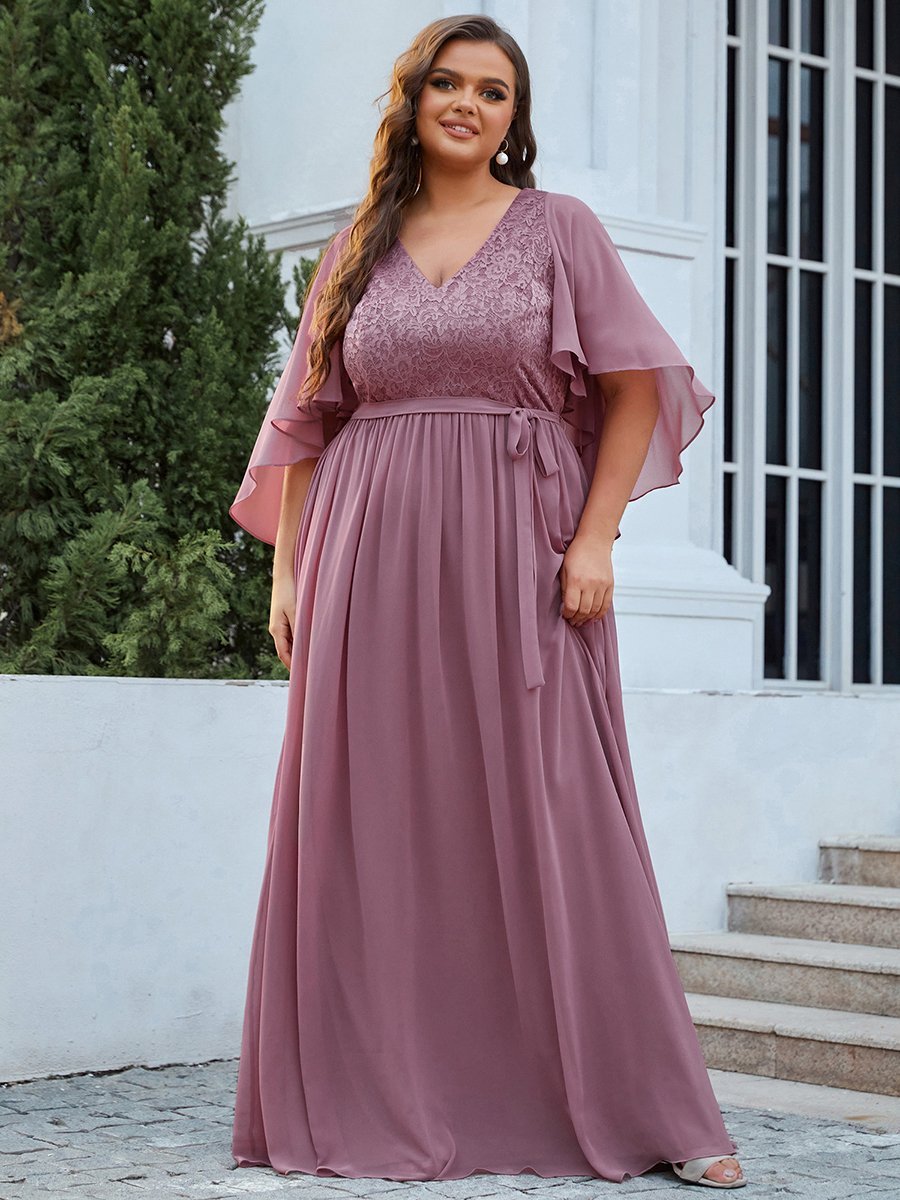 Color=Orchid | Women'S Wholesale Deep V Neck Plus Size Evening Dress With Lace-Orchid 4