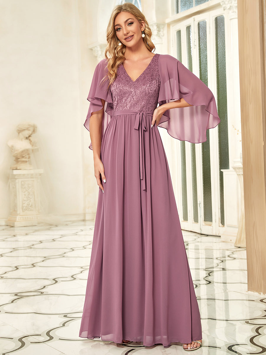 Color=Orchid | Women'S Wholesale Deep V Neck Plus Size Evening Dress With Lace-Orchid 1