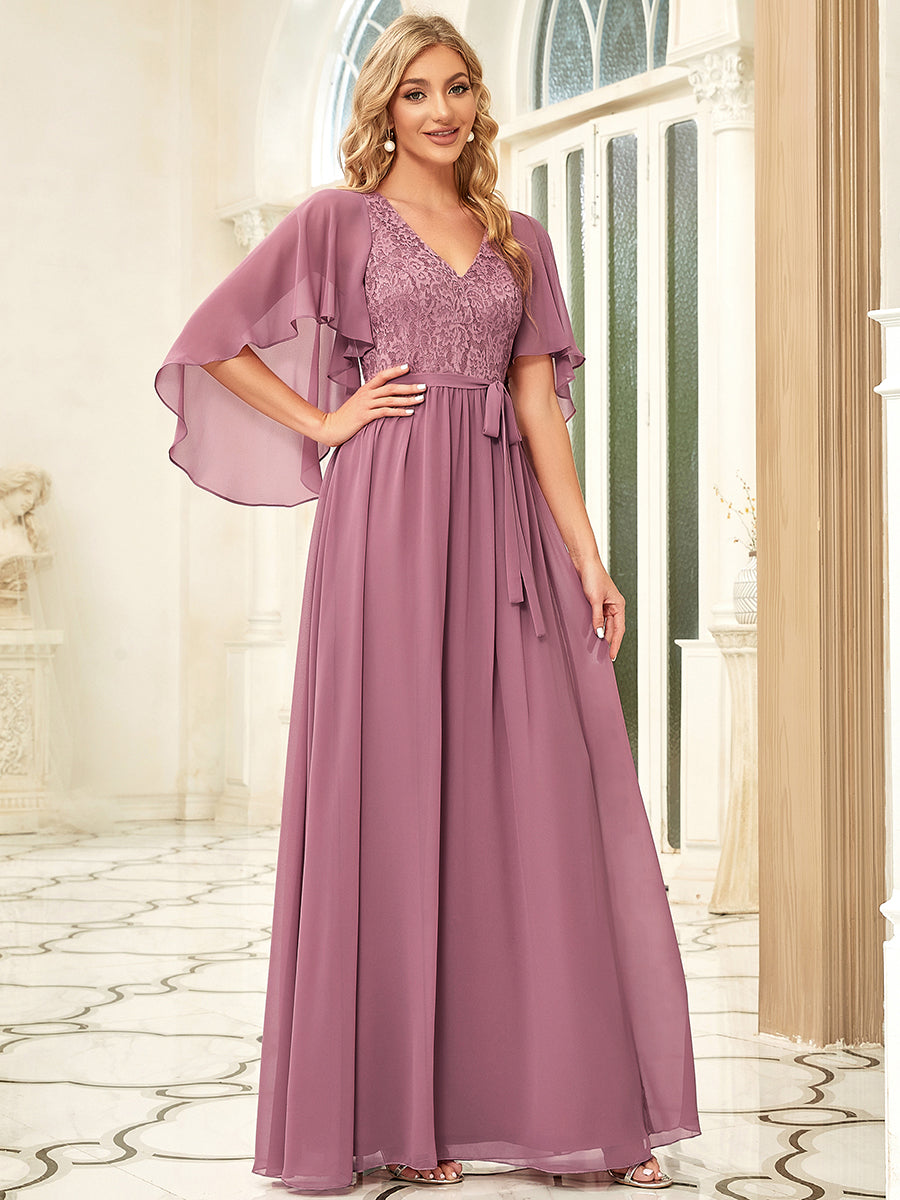 Color=Orchid | Women'S Wholesale Deep V Neck Plus Size Evening Dress With Lace-Orchid 3