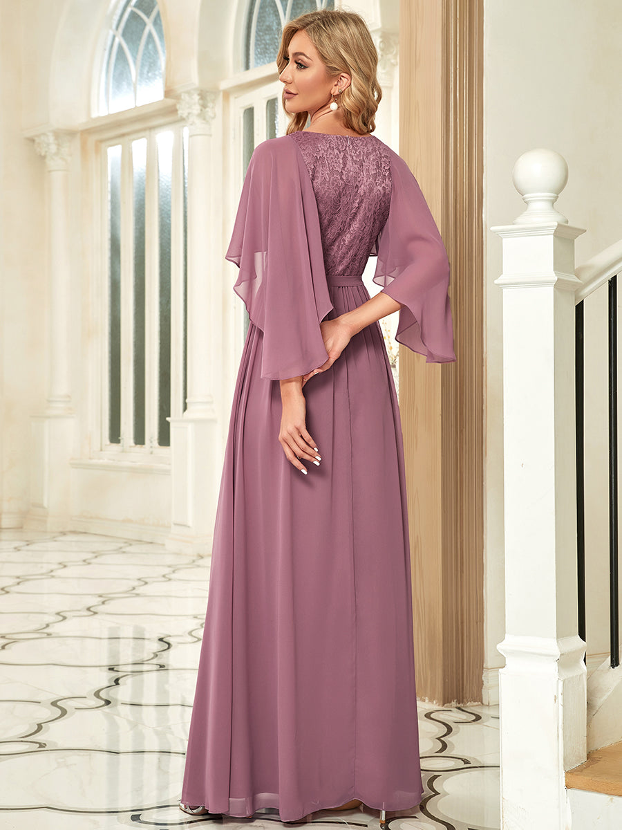 Color=Orchid | Women'S Wholesale Deep V Neck Plus Size Evening Dress With Lace-Orchid 4