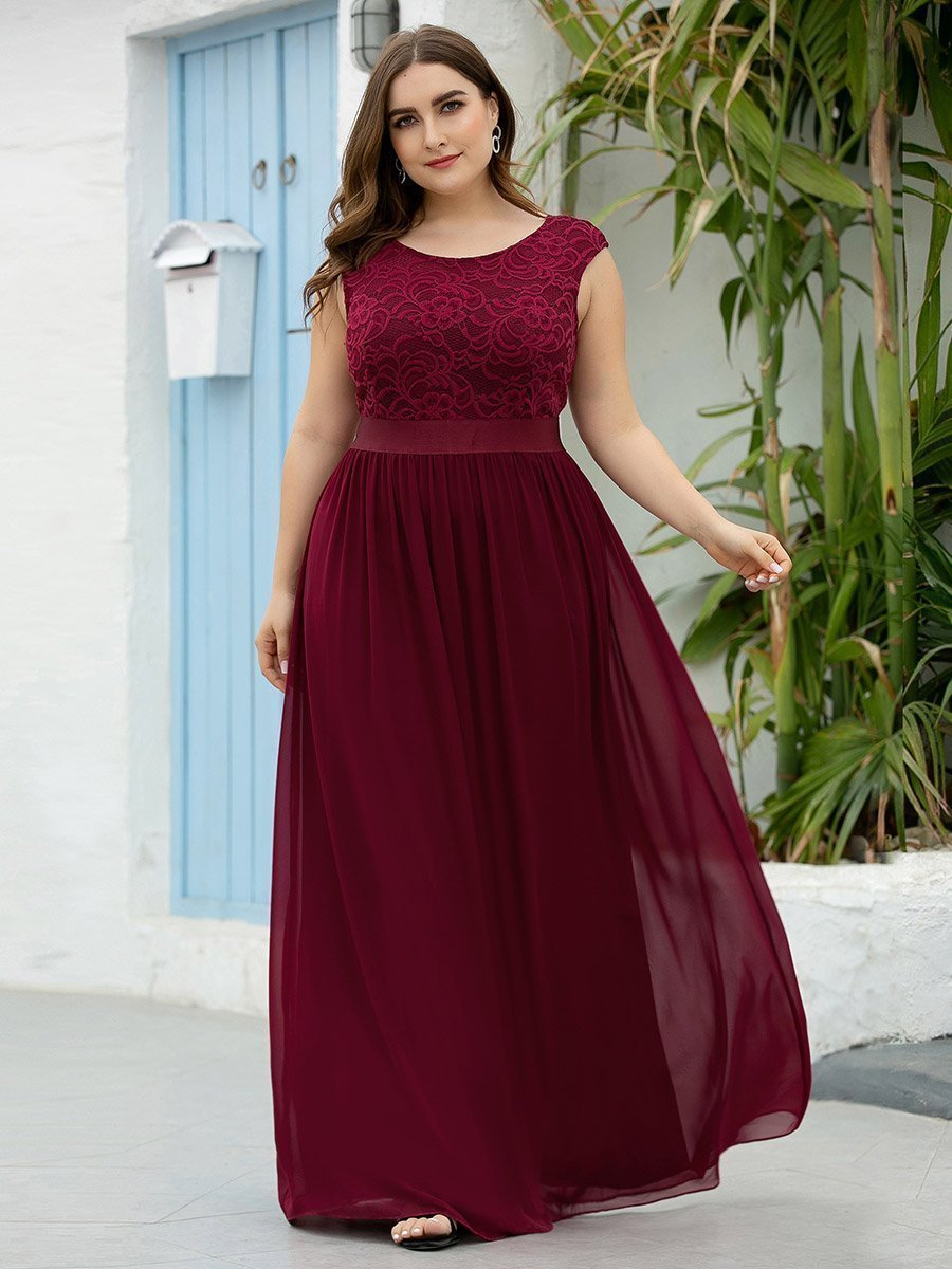 Color=Burgundy | Wholesale Plus Size Fahion Bridesmaid Dresses With Lace-Burgundy 4