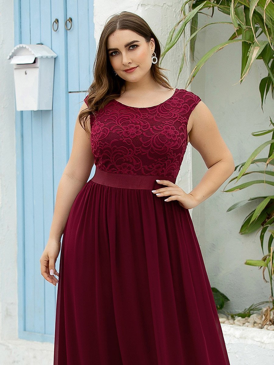 Color=Burgundy | Wholesale Plus Size Fahion Bridesmaid Dresses With Lace-Burgundy 5