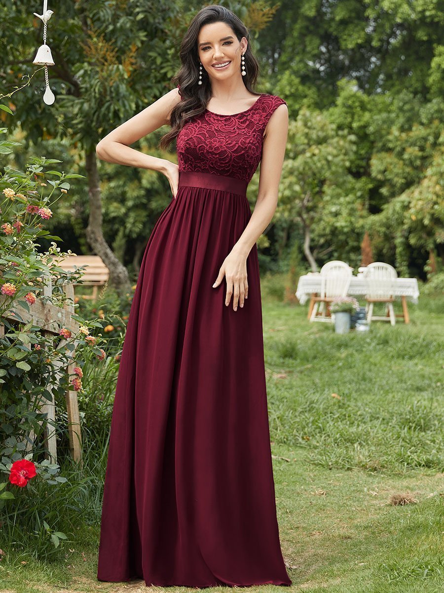 Color=Burgundy | Wholesale Fahion Bridesmaid Dresses With Lace-Burgundy 1