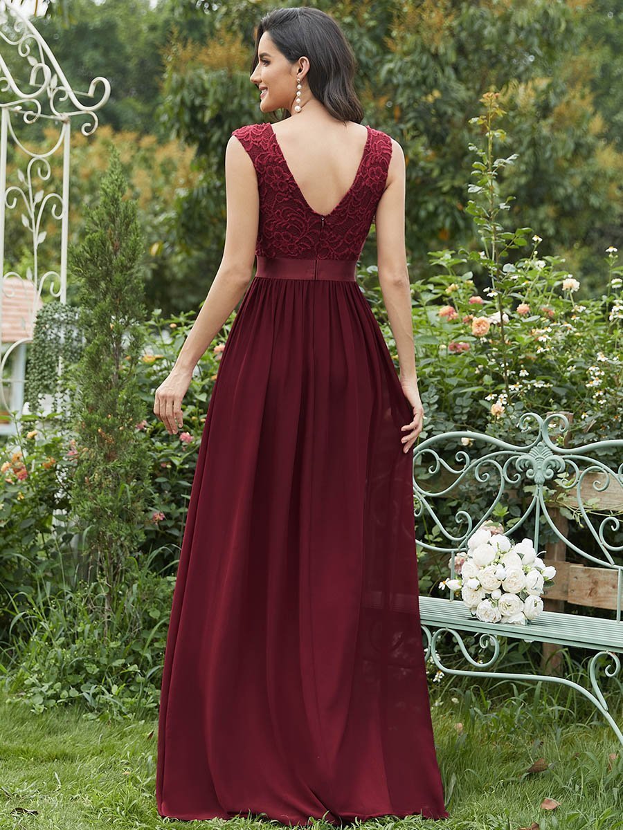 Color=Burgundy | Wholesale Fahion Bridesmaid Dresses With Lace-Burgundy 3