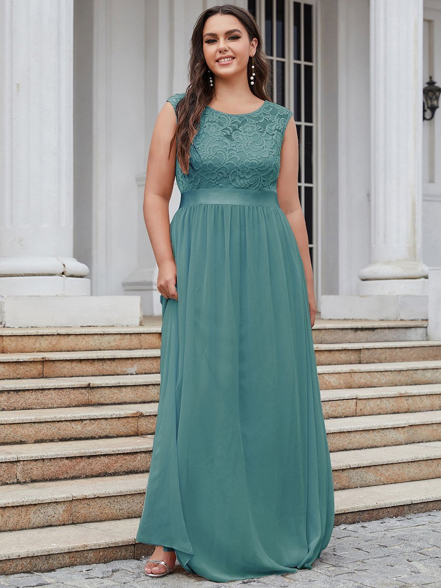 Color=Dusty blue | Wholesale Plus Size Fahion Bridesmaid Dresses With Lace-Dusty blue 1