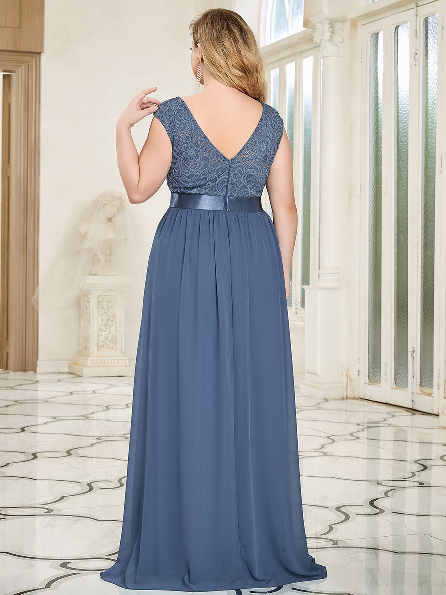 Color=Dusty Navy | Wholesale Plus Size Fahion Bridesmaid Dresses With Lace-Dusty blue 10