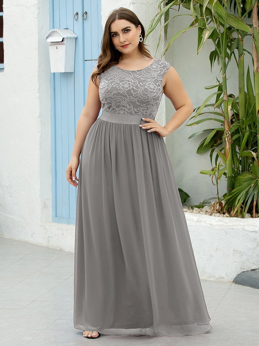 Color=Grey | Wholesale Plus Size Fahion Bridesmaid Dresses With Lace-Grey 1