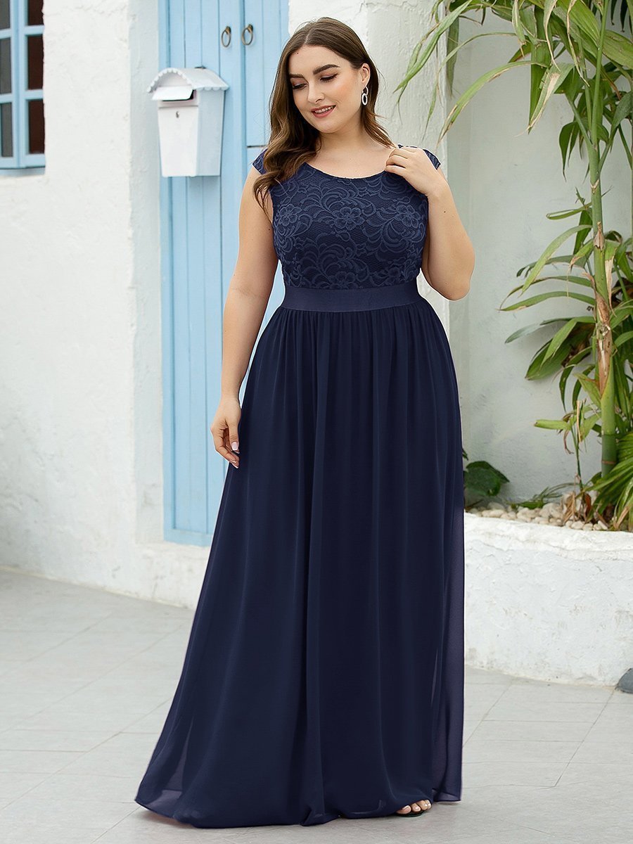 Color=Navy Blue | Wholesale Plus Size Fahion Bridesmaid Dresses With Lace-Navy Blue 4