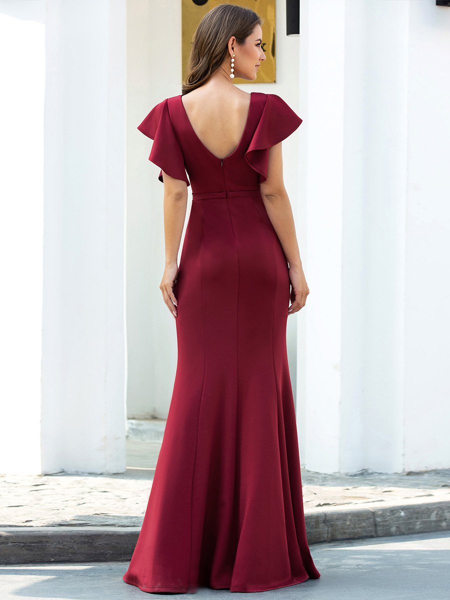 Color=Burgundy | Elegant V-Neck Flutter Sleeves Wholesale Mermaid Evening Dress-Burgundy 2