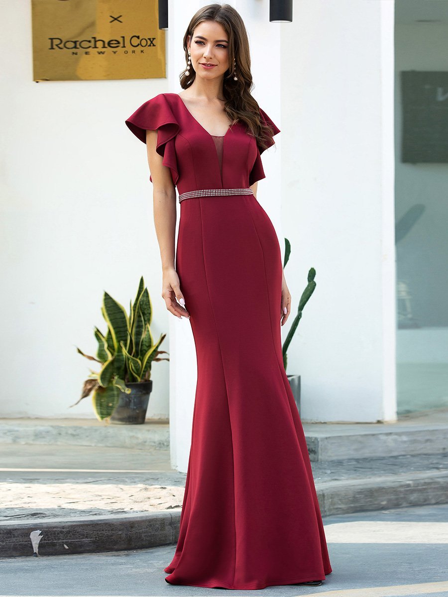 Color=Burgundy | Elegant V-Neck Flutter Sleeves Wholesale Mermaid Evening Dress-Burgundy 3