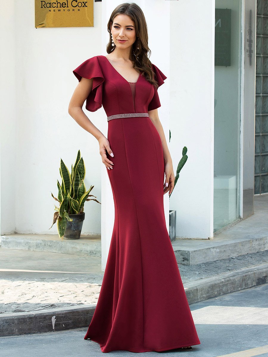 Color=Burgundy | Elegant V-Neck Flutter Sleeves Wholesale Mermaid Evening Dress-Burgundy 4