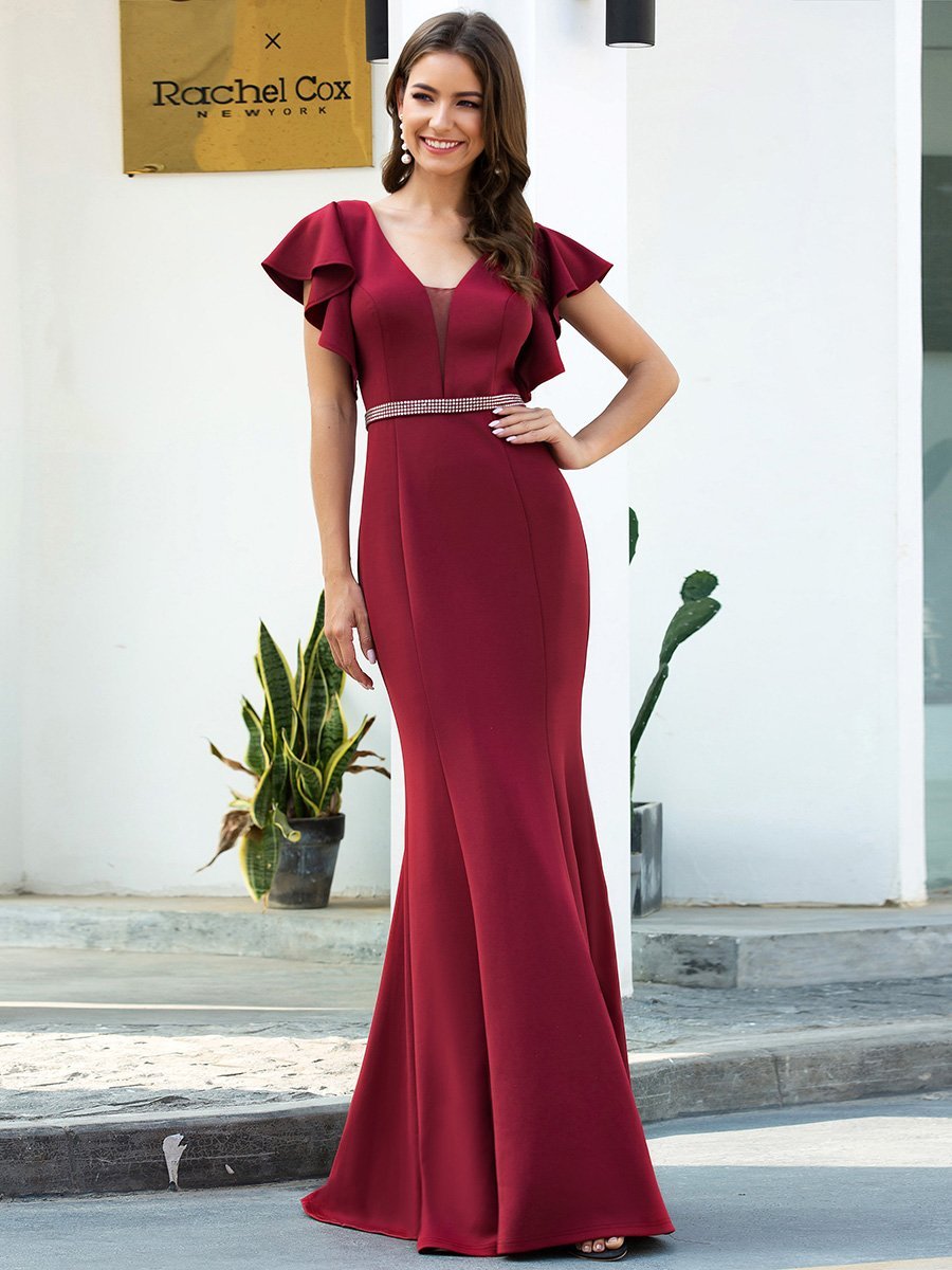 Color=Burgundy | Elegant V-Neck Flutter Sleeves Wholesale Mermaid Evening Dress-Burgundy 1