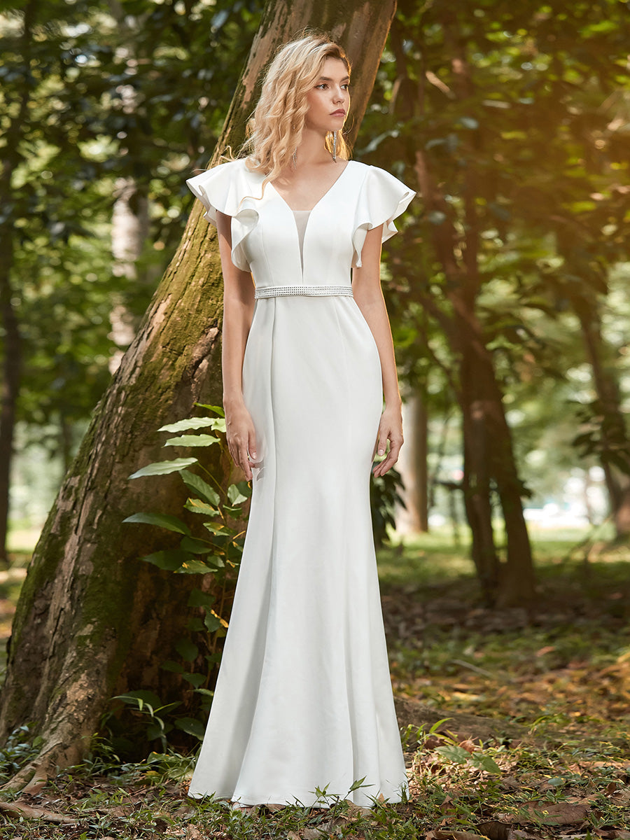 Color=Cream | Elegant V-Neck Flutter Sleeves Bodycon Mermaid Evening Dress-Cream 3
