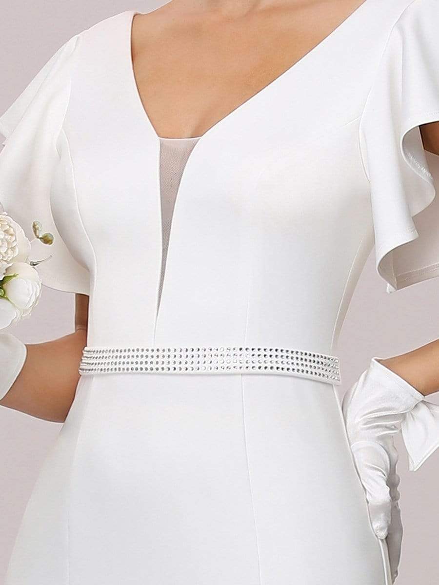 Color=Cream | Plain Maxi Fishtail Wedding Dress With Ruffle Sleeves-Cream 7