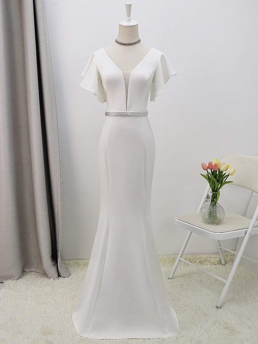 Color=Cream | Plain Maxi Fishtail Wedding Dress With Ruffle Sleeves-Cream 8