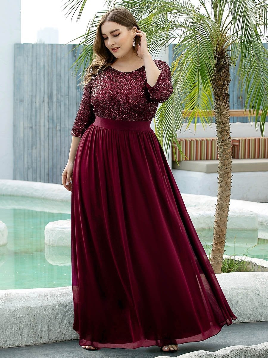 Color=Burgundy | Elegant Round Neckline 3/4 Sleeve Sequins Patchwork Evening Dress-Burgundy 3