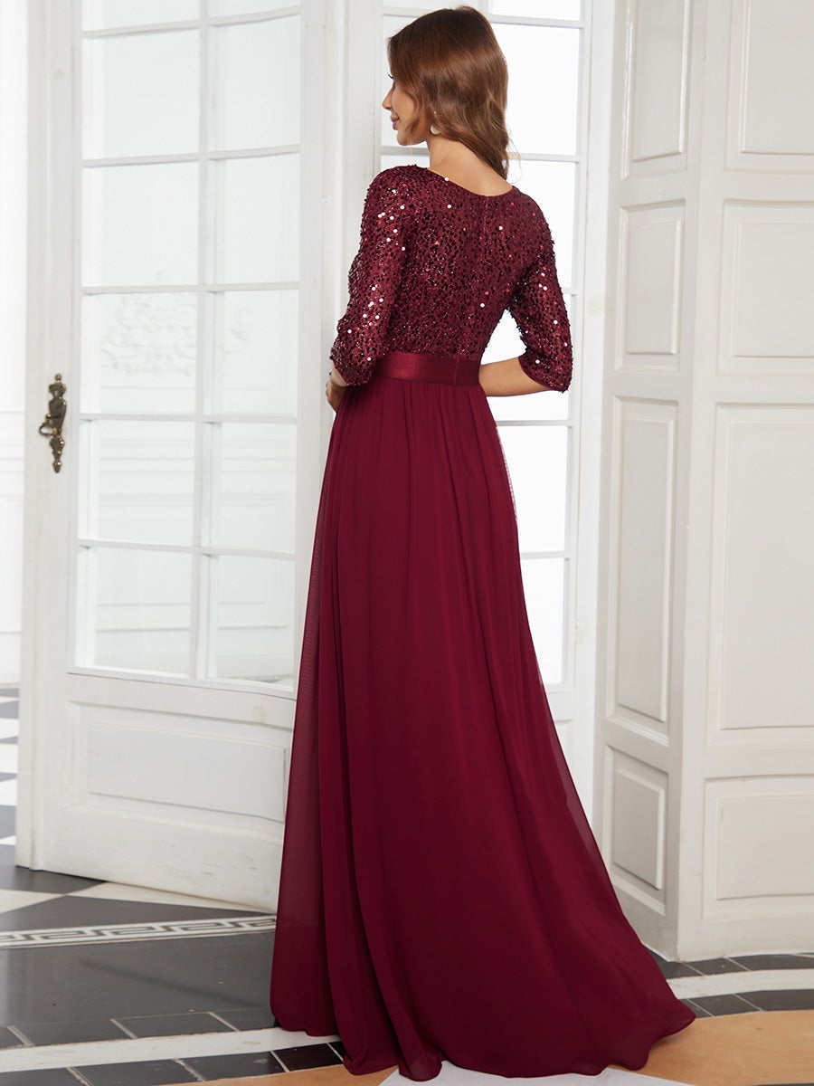 Color=Burgundy | Elegant Round Neckline 3/4 Sleeve Sequins Patchwork Evening Dress-Burgundy 2