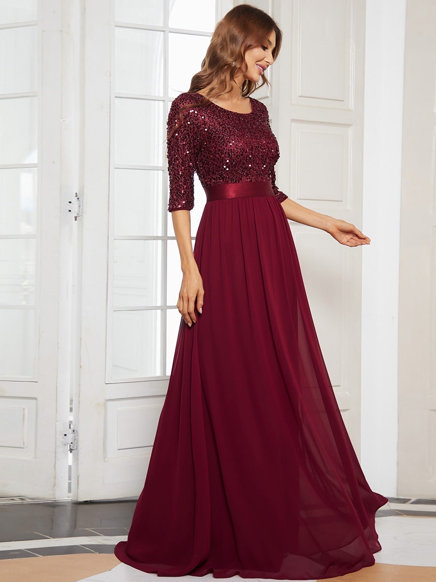 Color=Burgundy | Elegant Round Neckline 3/4 Sleeve Sequins Patchwork Evening Dress-Burgundy 4