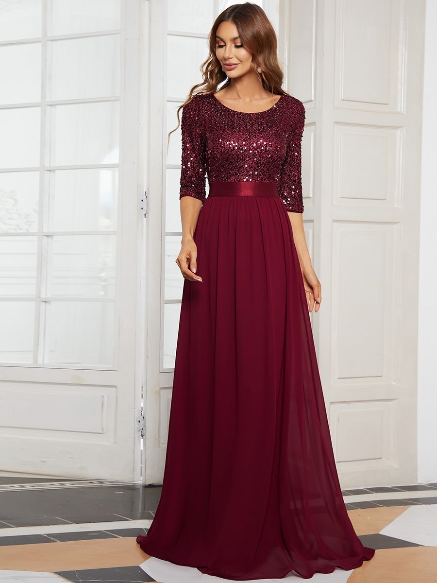 Color=Burgundy | Elegant Round Neckline 3/4 Sleeve Sequins Patchwork Evening Dress-Burgundy 1