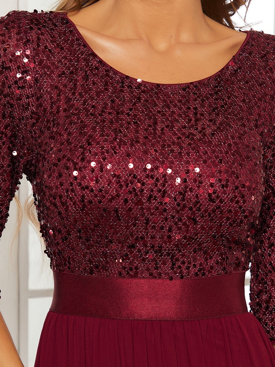 Color=Burgundy | Elegant Round Neckline 3/4 Sleeve Sequins Patchwork Evening Dress-Burgundy 5