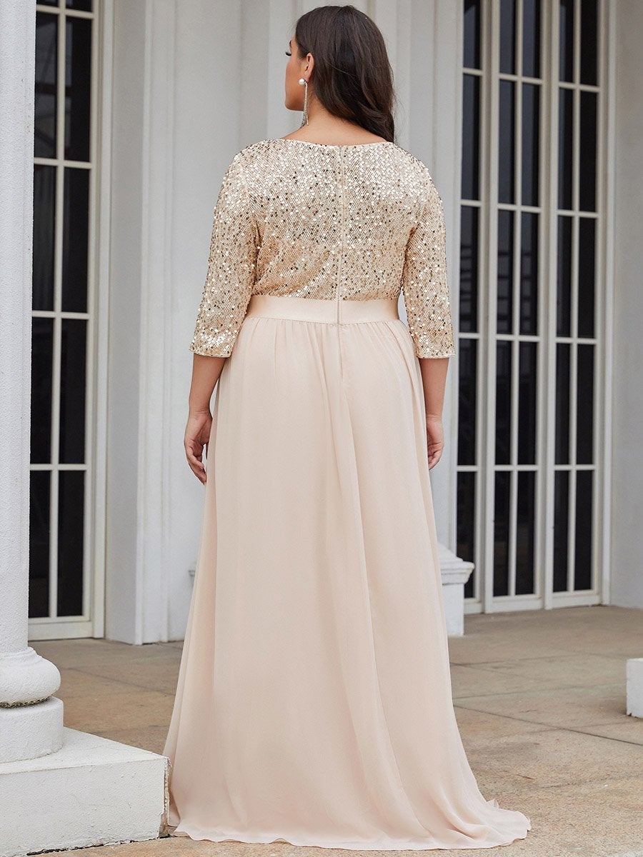 Color=Blush | Elegant Round Neckline 3/4 Sleeve Sequins Patchwork Evening Dress-Blush 2