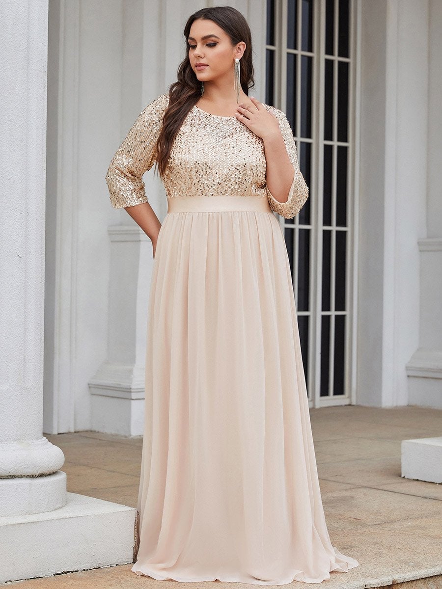 Color=Blush | Elegant Round Neckline 3/4 Sleeve Sequins Patchwork Evening Dress-Blush 3