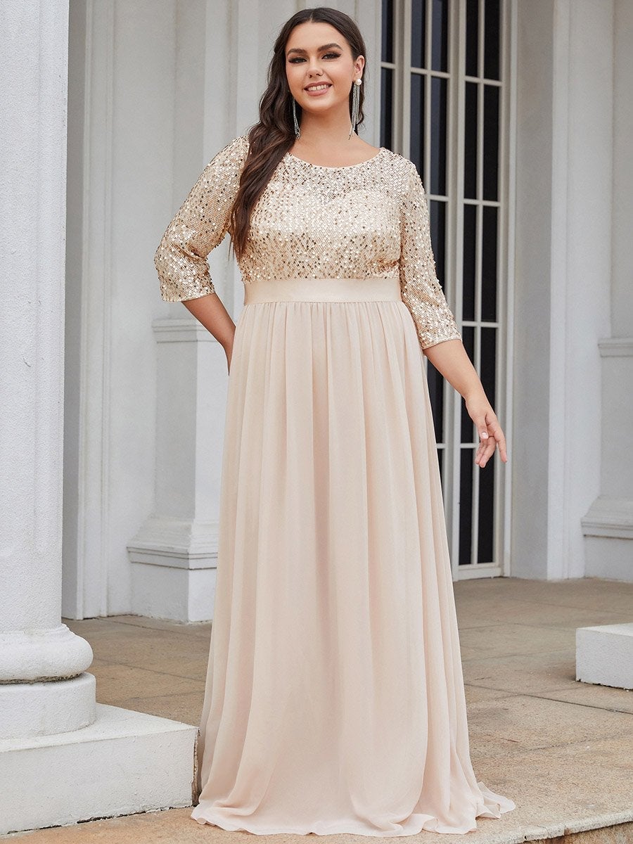 Color=Blush | Elegant Round Neckline 3/4 Sleeve Sequins Patchwork Evening Dress-Blush 1