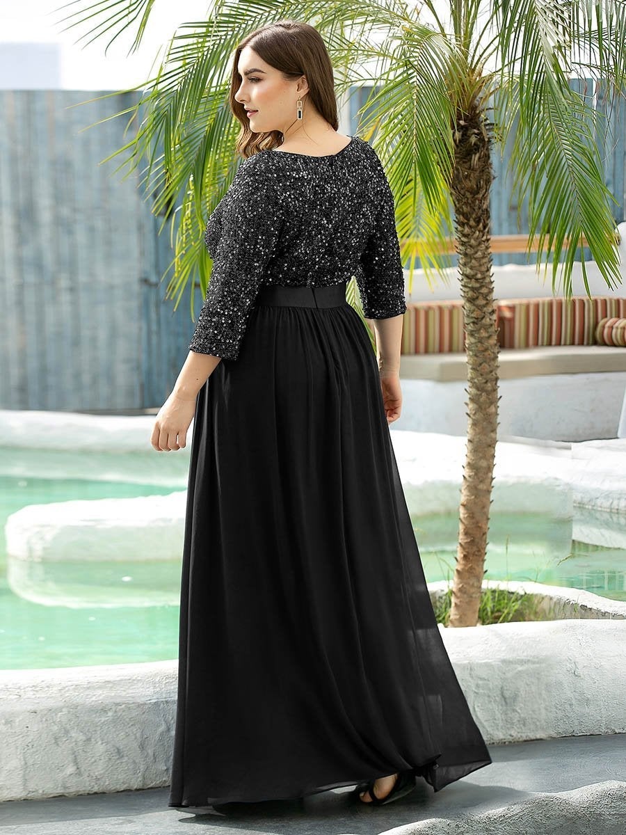 Color=Black | Elegant Round Neckline 3/4 Sleeve Sequins Patchwork Evening Dress-Black 2