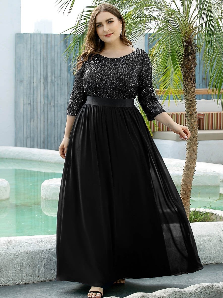 Color=Black | Elegant Round Neckline 3/4 Sleeve Sequins Patchwork Evening Dress-Black 4