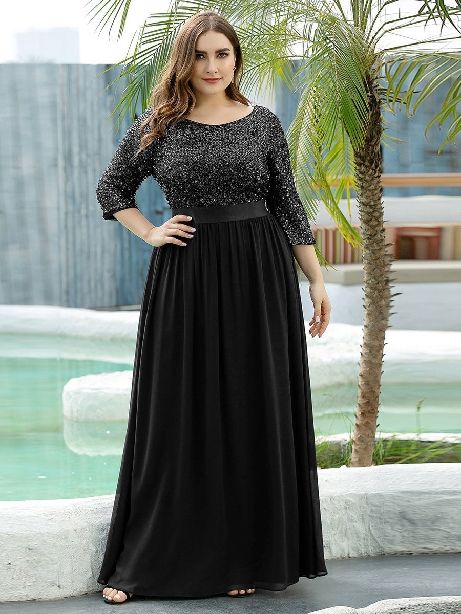 Color=Black | Elegant Round Neckline 3/4 Sleeve Sequins Patchwork Evening Dress-Black 1