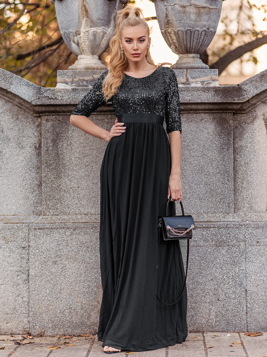 Color=Black | Elegant Round Neckline 3/4 Sleeve Sequins Patchwork Evening Dress-Black 1