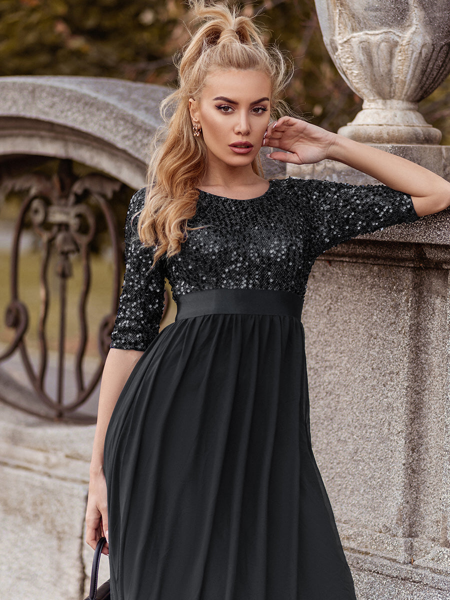 Color=Black | Elegant Round Neckline 3/4 Sleeve Sequins Patchwork Evening Dress-Black 3